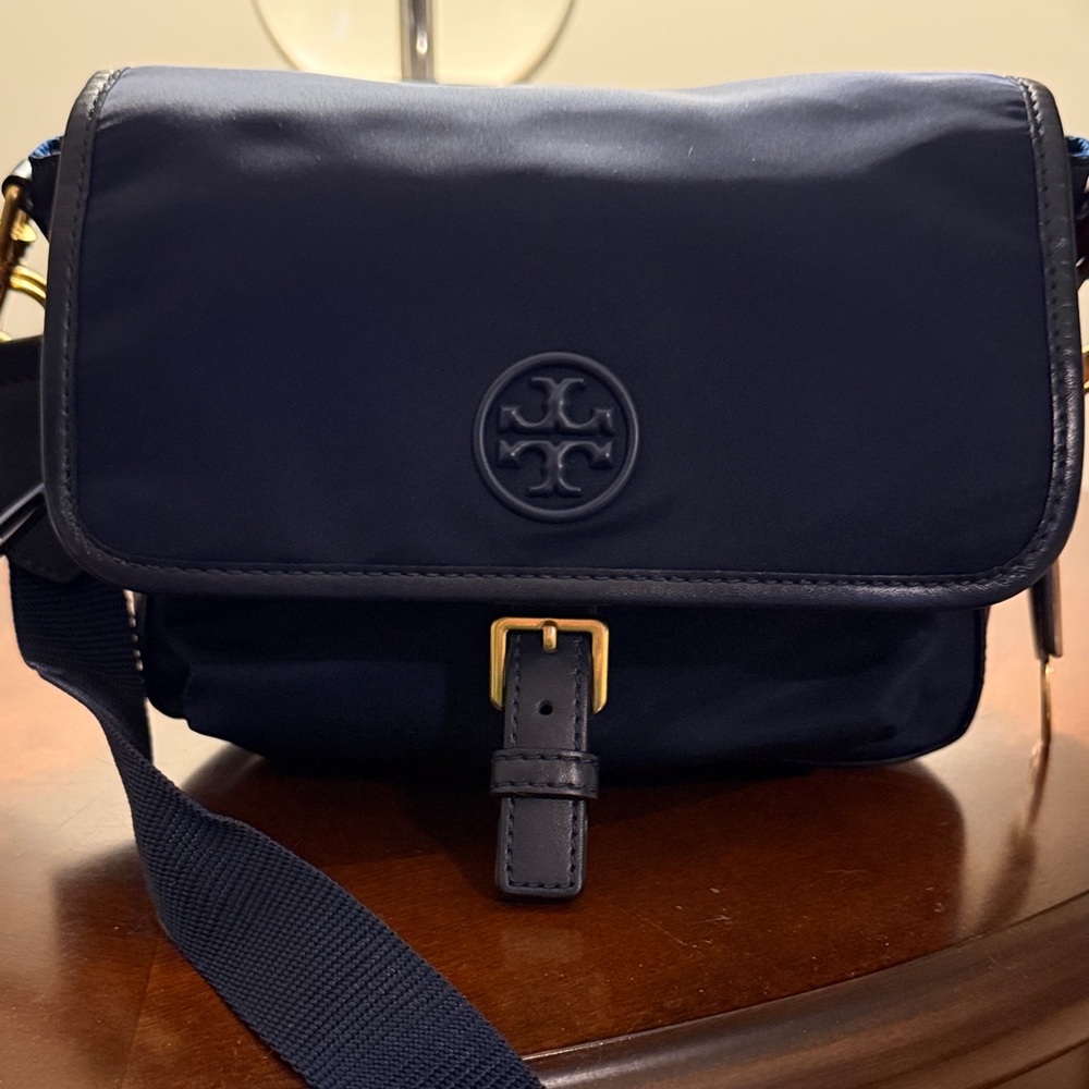 Tory Burch Navy Crossbody with Gold Buckle and Logo